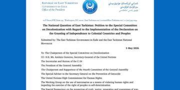 Formal East Turkistan petition document with blue seal and header, titled The National Question of East Turkistan: Petition to the Special Committee on Decolonization, dated 5 May 2026.