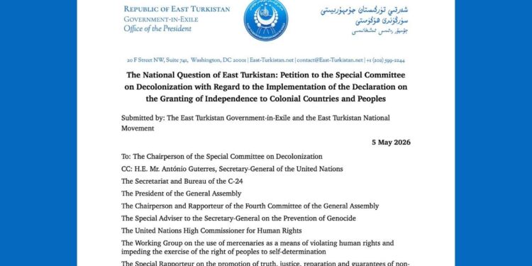 East Turkistan Petition UN | The East Turkistan Post Formal East Turkistan petition document with blue seal and header, titled The National Question of East Turkistan: Petition to the Special Committee on Decolonization, dated 5 May 2026.