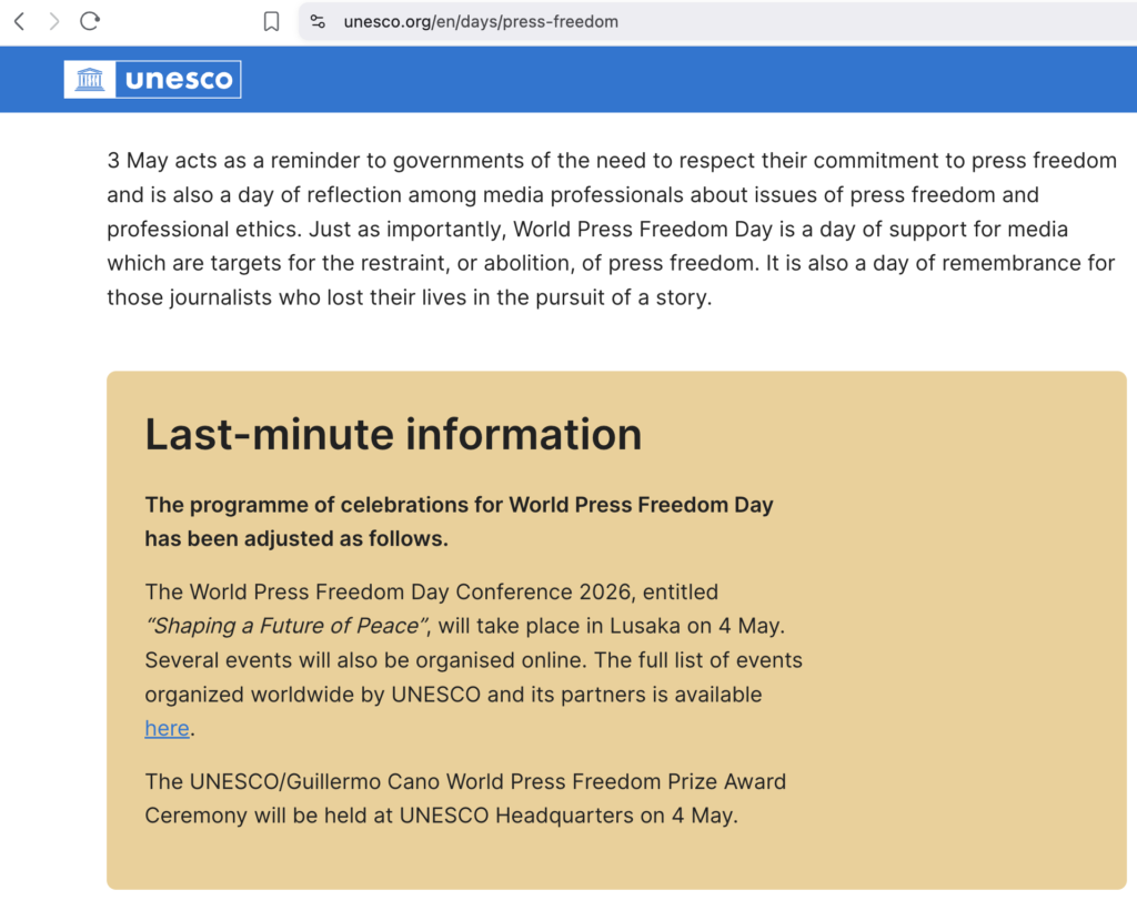 UNESCO page header with blue banner and a long paragraph about World Press Freedom Day, then a tan rounded card reading 'Last-minute information' with event details.