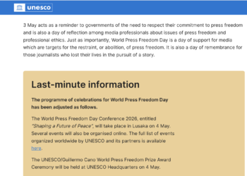 UNESCO page header with blue banner and a long paragraph about World Press Freedom Day, then a tan rounded card reading 'Last-minute information' with event details.