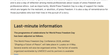 UNESCO page header with blue banner and a long paragraph about World Press Freedom Day, then a tan rounded card reading 'Last-minute information' with event details.