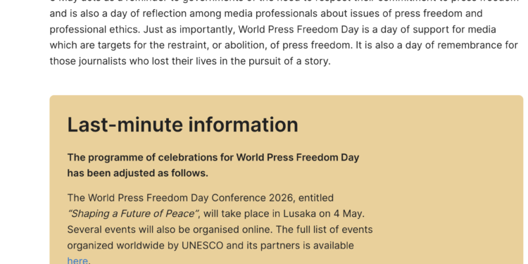 UNESCO Press Freedom | The East Turkistan Post UNESCO page header with blue banner and a long paragraph about World Press Freedom Day, then a tan rounded card reading 'Last-minute information' with event details.